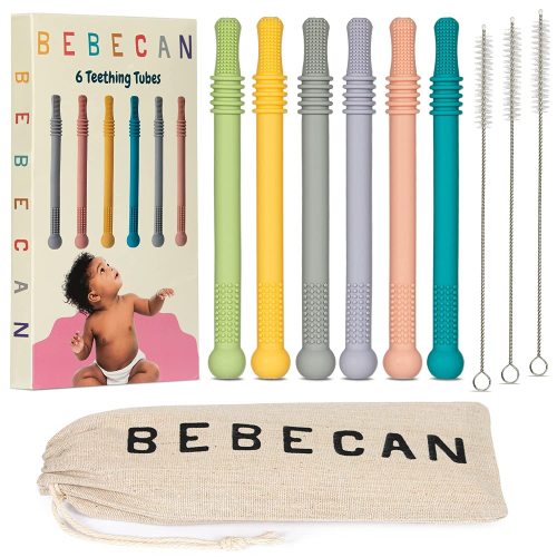 BEBECAN Teething Sticks - Soft Silicone Teethers, 6 Pack, 6.2 Inch, Multicolored, for Babies 0-36 Months