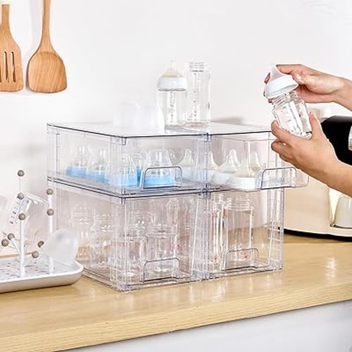 Vtopmart 4 Pack Clear Stackable Storage Drawers,Easy to Assemble Bathroom Organizers and Storage with handles,Plastic Drawers for Kitchen Pantry,Cabinet,Under Sink Organization
