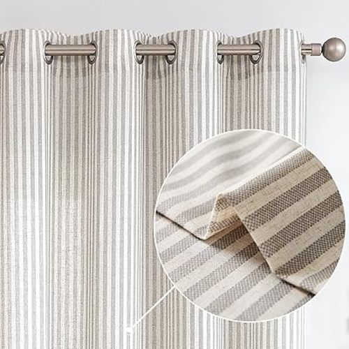 Vangao Linen Striped Grey Curtains Boho Tickingstripe Light Filtering Window Curtains Printed on Beige Drapes 84 Inches Long for Living Room Bedroom Grommet Top 2 Panels