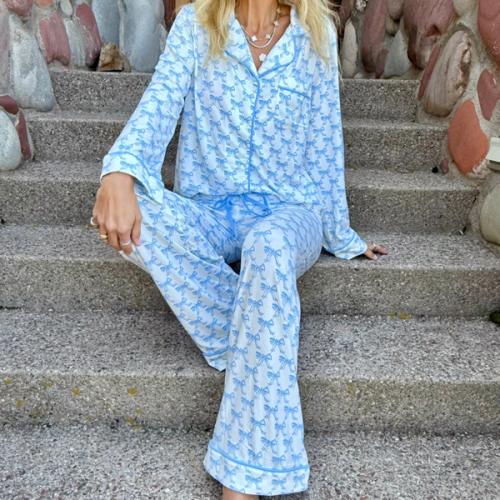 Blue Bow Wide Leg Pants Pajama Set - Sunshine Sisters