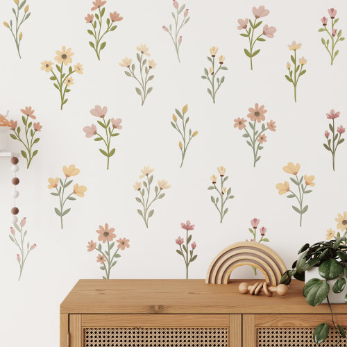 Flower Wall Decals, Boho Nursery Decor, Whimsical Wildflowers Baby Room, Daisy Wall Decal, Reusable and Removable Flower Wall Stickers WB078
