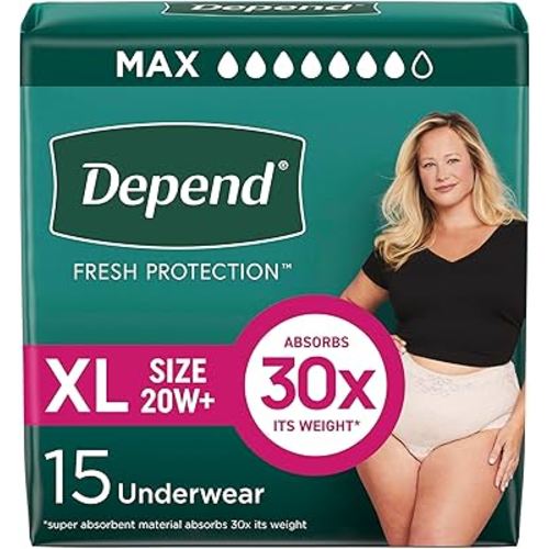Depend Fresh Protection Adult Diapers, Incontinence & Postpartum Bladder Leak Underwear for Women, Disposable, Maximum, Extra-Large, Blush, 15 Count, Packaging May Vary