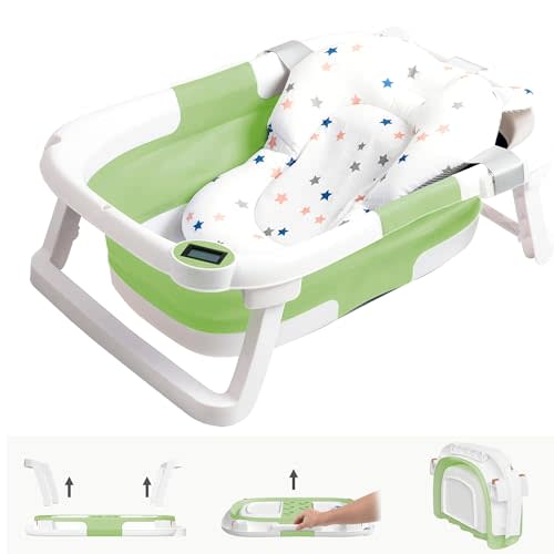 napei Collapsible Baby Bathtub,Baby Bath Tub with Soft Cushion & Thermometer,Baby Bathtub Newborn to Toddler 0-36 Months,Portable Travel Baby Tub (Green, Bath Tub Pro)