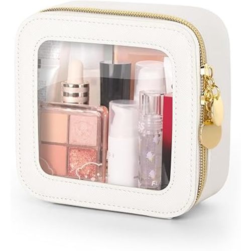 Mini Makeup Bag, Small Makeup Bag for Purse, Waterproof Clear Makeup bag, Leather Cosmetic Bag, Square Make Up Bag Pouch, Toiletry Bag for Travel, Car and Women, Beige