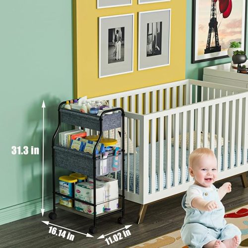 3-Tier Baby Diaper Caddy Organizer and Storage Cart with 4+2 Dividers, Mobile Metal Utility Cart with Rolling Wheels for Nursery Essentials, Large Capacity Rolling Cart for Crib, Bedroom, Bathroom - L Size