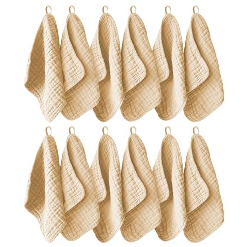 Ease Cubs 12 Pack Muslin Washcloths for Baby - 100% Cotton Baby Wash Cloths for or Baby Face Body Comfy and Soft for Newborn Infants Kids Girls and Boys - 12"x12" - Brown