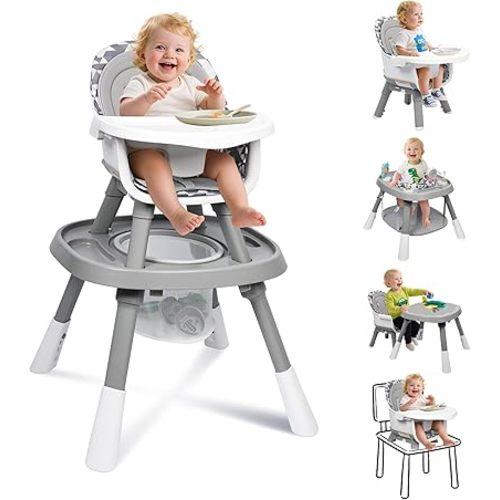 15 in 1 Convertiable High Chair for Babies and Toddlers, 2 in 1 Highchair & Activity Center w/Toys, Booster Seat, Toddler Chair w/5-Point Harness & Removable Tray & 2-Layer Cusion (Grey)
