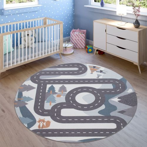 Kids Rug Mountain Road with Bears & Trees - Non Slip Playmat in Blue 6’x7’