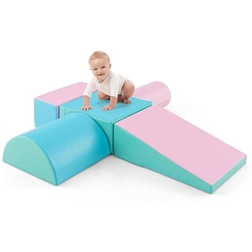HONEY JOY 5-Piece Climb and Crawl Playset, Soft Climbing Foam Block Activity Play Structure Gym Equipment for Infant Baby, Color Coordination, Waterproof Indoor Climbing Toys for Toddlers (Green)