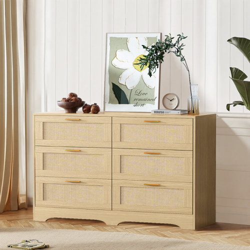 Ebern Designs Nakeesha 47" Wide Rattan Dresser with 6 Drawer, Rattan Dresser with Gold Handles 30" Tall Double Dresser Wood Storage Closet Dressers Chest of Drawers for Bedroom, Living Room, Hallway & Reviews | Wayfair