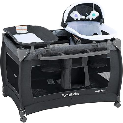 Pamo Babe Magic Fold Playpen Portable Cribs Foldable Playpen Baby Playard One-Hand Folding Playards with Sleep Nest Newborn Bassinet Diaper Changer and Storage Spaces