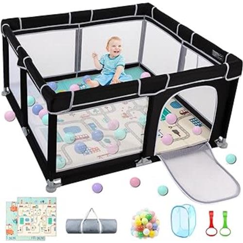 Baby Playpen with Mat, 50”×50” Playpen, Durable and Secure Baby Play Pen, Indoor & Outdoor Kids Activity Play Center, Equipped with Anti-Slip Suckers and a Zipper Gate, Anti-Fall(Black)