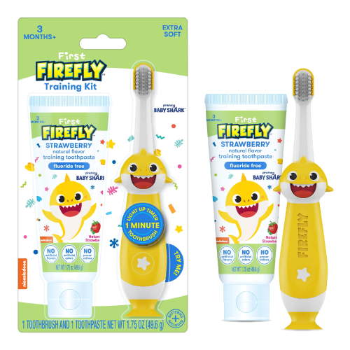 First Firefly Baby Shark Training Light Up Toothbrush, Strawberry Flavor Toothpaste, Extra Soft