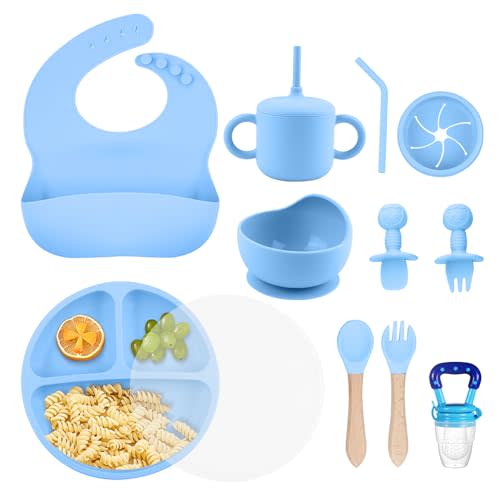 SHGMEET Silicone Baby Feeding Set, BPA Free Baby Feeding Essentials, Baby Suction Bowl, Plates, Bib, Sippy Cup, Spoons set, Baby Led Weaning Supplies to Develop Self-feeding Skills (Blue, With Lid)