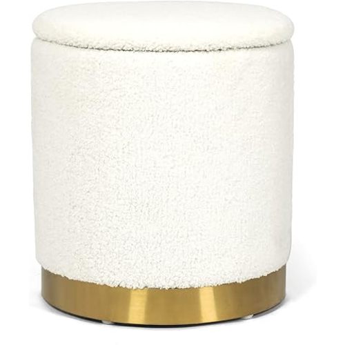 Joveco Round Storage Ottoman with Removable Lid, Upholstered Padded Vanity Stool Footrest with Gold Plating Base, Great for Living Room Bedroom Makeup Room, White