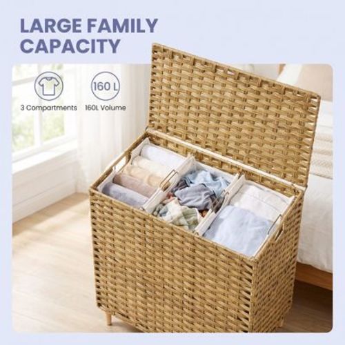 LEDREM Laundry Hamper with Lid, 4-Section PE Rattan Basket, 55.4 Gal., 26 x 15.7 x 27.6 Inches, Yellow and White