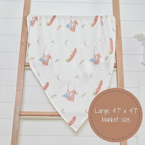 LollyBanks Muslin Swaddle Blanket | 100% Cotton | Newborn and Infant Blanket | Large 47 x 47 inches for Girls | Light Weight and Breathable | Fishing Outdoor Activities Theme