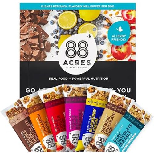 88 Acres Granola Bars Variety Pack, 12 Count, School Safe, Allergen Free Seed & Oat Snack Bar, Gluten & Nut Free, Vegan, Non-GMO & Kosher, Individually Wrapped