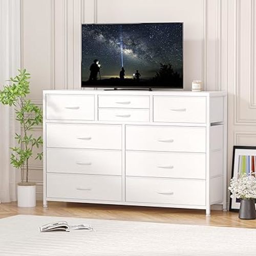 Jojoka Wide 10 Drawer Dresser,TV Stand Entertainment Center Fabric Storage Dressers Drawers for Bedroom, Hallway, Nursery, Closets, Steel Frame, Wood Top (White)