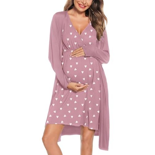 SWOMOG Women Maternity Nursing Gown and Robe Set 3 in 1 Labor Delivery Nursing Nightgown for Breastfeeding Hospital Bathrobe