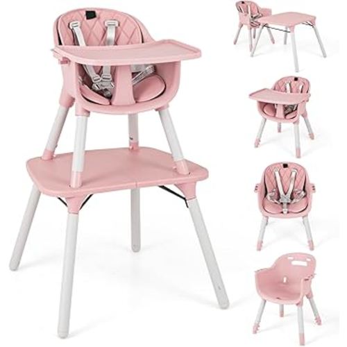 HONEY JOY 5-in-1 High Chair, Convertible Highchair for Babies and Toddlers/Kids Chair Table Set/Infant Feeding Chair w/Safety Harness, PU Leather Cushion & Removable Food Tray (Pink)