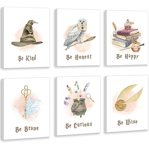 CHDITB Magical Girls Room Decor, Watercolor Magic Owl Grimoire Art Painting, Set of 6(12"X16") Motivational Saying Be Kind Poster Picture for Bedroom Playroom Modern Home Decoration