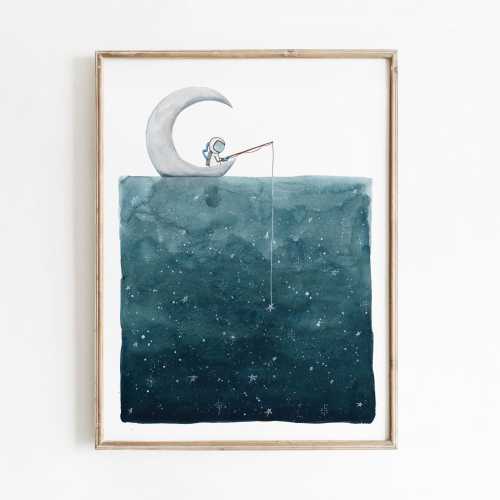 Astronaut Fishing for Stars on the Moon | Watercolor Celestial Nursery Print | Quirky Astronaut Decor | Space Art Children's Illustration