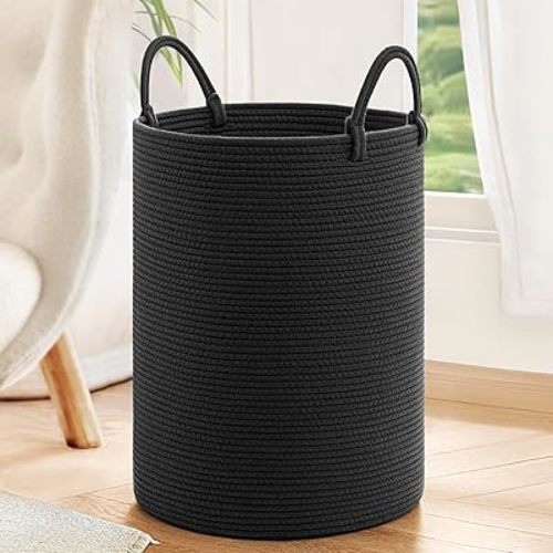 INDRESSME Woven Laundry Basket, Baby Nursery Hamper Bin Tall Storage Basket for Living Room, Kids Laundry Hamper for Clothes, Toys, Large Rope Baskets for Blankets, Pillows, 19.7 x 13.8 inches, Black