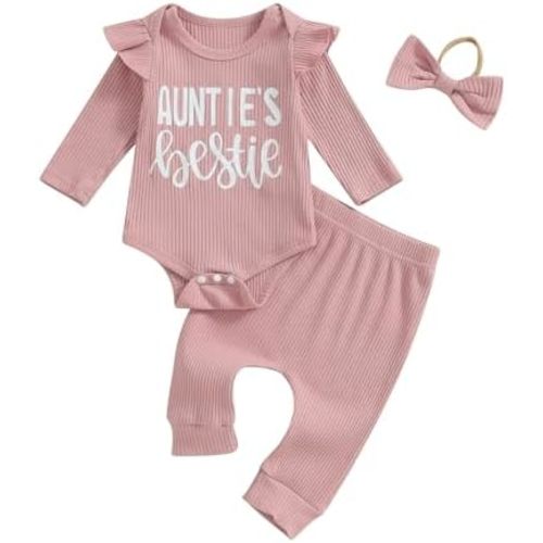 NZNDSHD Auntie Baby Clothes Girl Fall Winter Ribbed Knit Outfit Long Sleeve Romper Bodysuit Elastic Pants Headband Set