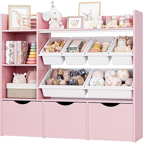 Toy Storage Organizer with 3 Movable Drawers, Bookshelf and Bookcase with 6 Plastic Bins & 2 Storage Cubbies, Toy Chest with Hidden Wheels, Toy Storage Box for Playroom, School, Pink