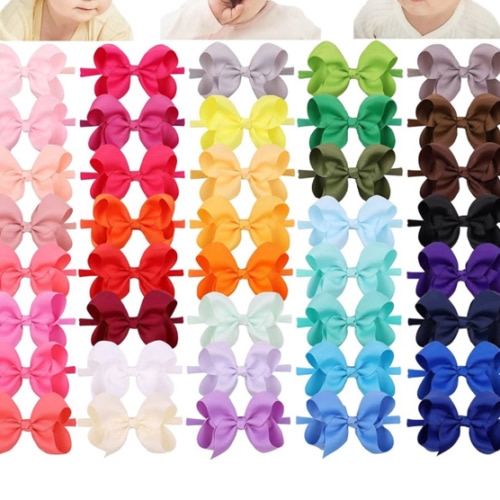 jollybows 40pcs 4inches Baby Girls Grosgrain Ribbon Hair Bows Headbands Nylon Elastic Hair Band Hair Accessories for Infants Newborn