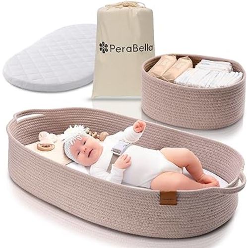 Baby Changing Basket for Baby Dresser, Moses Basket for Babies, Cotton Rope Diaper Changing Basket, Unisex Baby Moses Basket, Foam Diaper Changing Pad for Dresser, Changing Table Topper for Dresser
