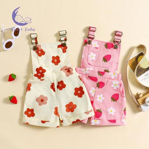 Little Girl Denim Overalls Flower/Strawberry Print Jeans Overalls - TikTok Shop