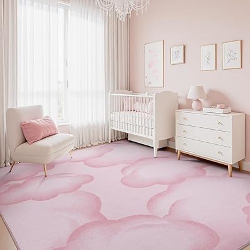 Pink Cute 8x10 Area Rugs for Nursery Playroom Soft Rugs for Living Room Bedroom Dining Room Washable Non Slip Cozy Neutral Rug for Kids Baby Girl Princess Toddler