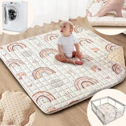 Baby Play Mat, 50x50 Playpen Mat with Super Soft Touch, Activity Mat with Upgraded Anti-Slip Bottom, Machine Washable Crawling Mat for Floor & Picnic(Boho Rainbow)