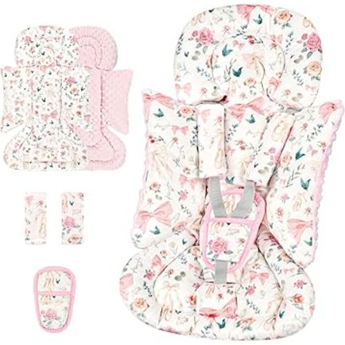 3-in-1 Infant Car Seat Insert, Soft Head and Body Support,Ultra & Strap Covers Set, Reversible Newborn Car Seat Cushion Pad for Baby Boy & Girl fits Stroller, Swing, Bouncer (Pink Bow)