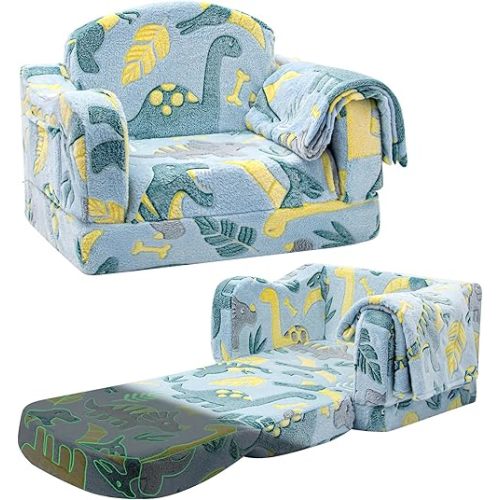 Comfy Toddler Chair and Couch for Kids with Blanket,2-in-1 Soft Plush Fold Out Toddler Couch for Girls and Boys,Convertible Sofa to Lounger for Playroom,Glowing Dinosaur