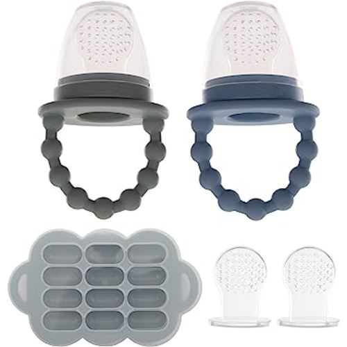 WeeSprout Silicone Baby Food Feeders + Freezer Tray for Batch Prep, Set of 2, Introduce New Foods Safely, Double as Silicone Teething Toys, Includes 2 Extra Food Pouches & Travel Lids, Dishwasher Safe