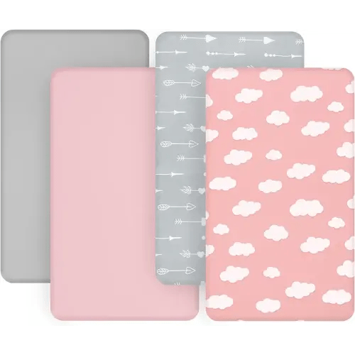 4-Pack Fitted Crib Sheets for Boys and Girls - Breathable, Soft Microfiber Baby Sheets in Grey and Pink