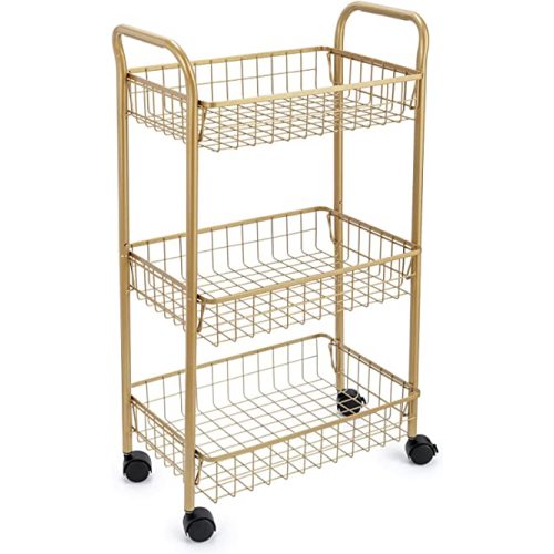 3 Tier Mesh Rolling Utility Cart, Gold Metal Organization Cart with Lockable Wheels, Multifunctional Storage Trolley Service Cart for Kitchen Living Room Office Salon
