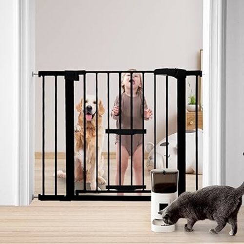 Baby Gate with Cat Door Adjustable, 29"-41" Auto Close Safety Dog Gate for Stairs, Doorway, House, Kitchen, Pressure Mounted & Dual-Lock Design Sturdy Pet Gate with Small Pet Door, Black