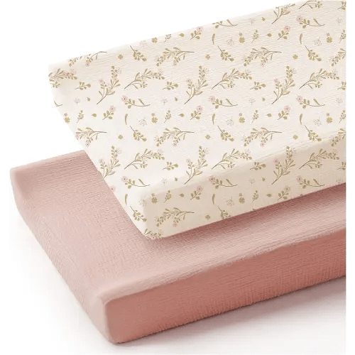 Konssy 2 Pack Muslin Changing Pad Cover for Baby Girls Boys 100% Cotton Fitted Diaper Changing Table Cover Set, Soft Changing Pad Sheets (Pink,Floral)