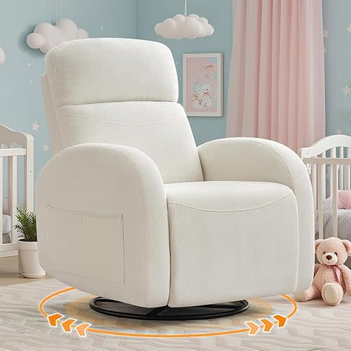 Glider Nursery Recliner Chair, Swivel Rocker Recliner Glider with 2 Pockets, Manual Recliners with Deep Seat for Nursery, Living Room, Bedroom, Cream White Chenille