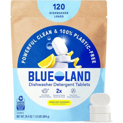 BLUELAND 100% Plastic-Free Dishwasher Detergent Tablets, 120 Count, Lemon Zest Scent, Eco Friendly Dishwashing Pods, Cuts Grease & Stuck on Food, Rinses Clean for Streak-Free Shine