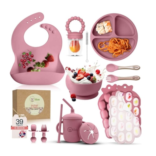 O'doe Baby Weaning Set – 15 Pcs Silicone Baby Feeding Set with Suction Plate, Bowl, Bib, Sippy Cup, Fruit Feeder, Freezer Tray