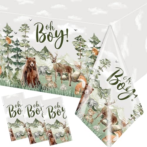 Gumwaqu Adventure Baby Shower Tablecloth,Let The Adventure Begin Supplies 3pcs Oh Boy Waterproof Woodland Forest Table Covers for Mountain Wilderness Baby Shower Party Supplies