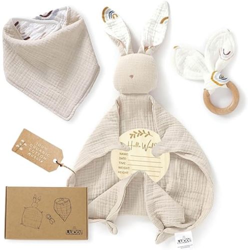 LUCOI Organic Cotton Baby Gift Set – 4 Piece Muslin Bunny Lovey Blanket + Teether Ring + Bandana Bib + Announcement Card | Gender Neutral Newborn Gift Box | Organic Lovey for Babies