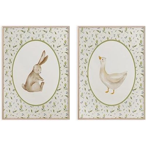 Vintage Nursery Wall Art Kid's Room Wall Decor Animal Picture Farmhouse Poster Baby Room Poster Cute Goose and Bunny Picture Set Of 2 Rabbit Duck Prints 12x16 Inch UnFramed for BedRoom Children's Room