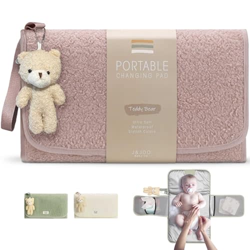 J&Joo Portable Diaper Changing Pad - Ultra Soft, Extra Padded, Waterproof Baby Changer Travel Essential, EZ Access Mesh Pockets, Gift for Baby Shower, Newborn Girls and Boys, 0-12 Months