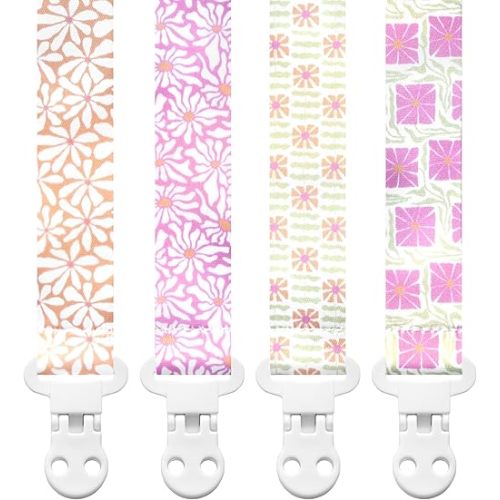 Baby Pacifier Clip Holder - Girl 4 Pack Gift Set – Modern Matiss Inspired Floral Flowers Pink Green Yellow
